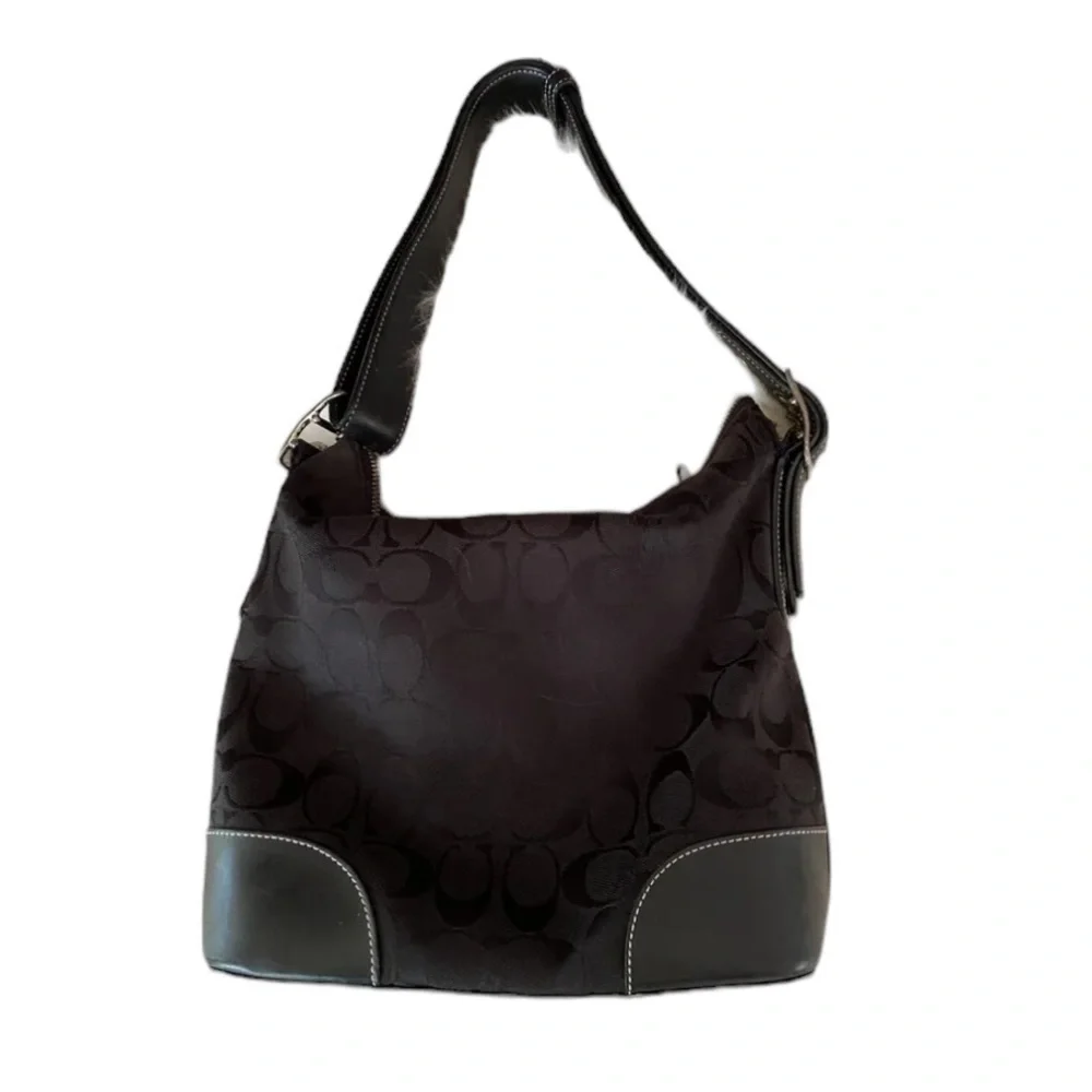 Coach Black Signature Canvas & Leather Hobo Shoulder Bag Purse - Picture 2 of 5